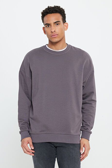 Oversized Loose Fit 3 Yarn Crew Neck Cotton Dark Grey Sweatshirt ET5200000002KGR