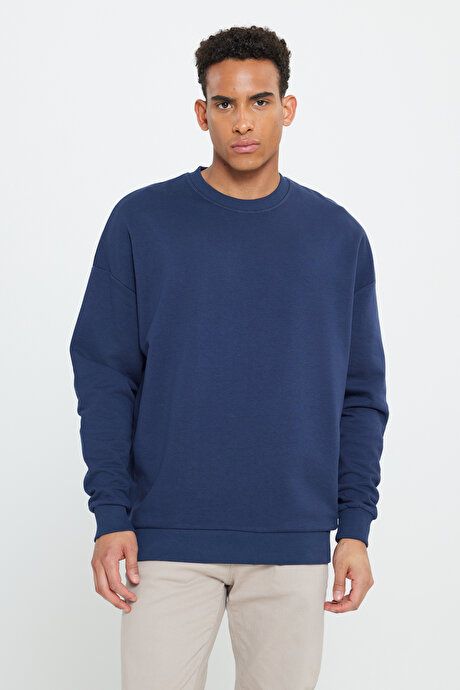 Oversized Loose Fit 3 Yarn Crew Neck Cotton Navy Sweatshirt ET5200000002LAC