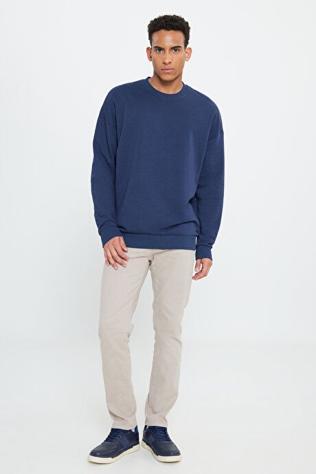 Oversized Loose Fit 3 Yarn Crew Neck Cotton Navy Sweatshirt ET5200000002LAC