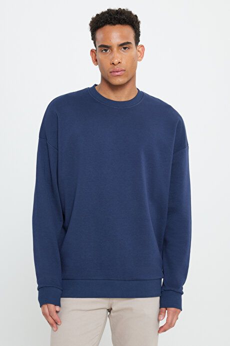 Oversized Loose Fit 3 Yarn Crew Neck Cotton Navy Sweatshirt ET5200000002LAC