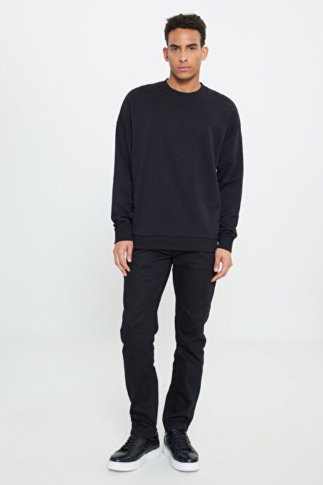 Oversized Loose Fit 3 Yarn Crew Neck Cotton Black Sweatshirt ET5200000002SYH