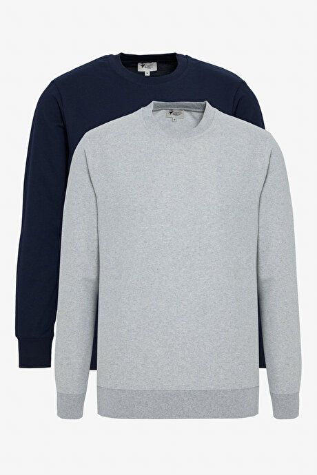 2-Pack Cotton Standard Fit Regular Fit Crew-Neck Navy-Gray Melange Sweatshirt ET520000P202LGJ