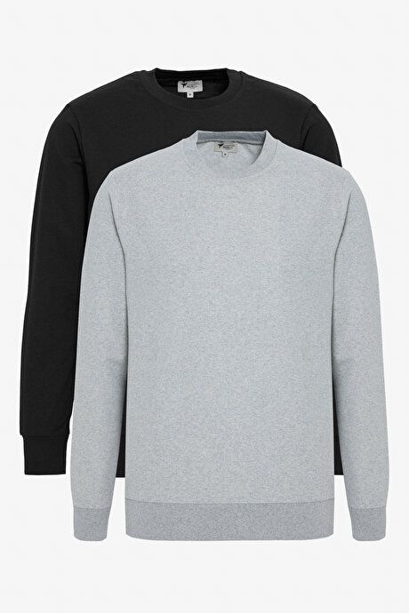 2 Pack Cotton Standard Fit Regular Fit Crew Neck Black-Gray Melange Sweatshirt ET520000P202SGE