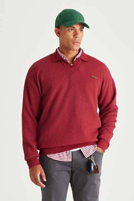 Loose Fit Polo Collar Jacquard Burgundy Sweatshirt ET5224100004BRD