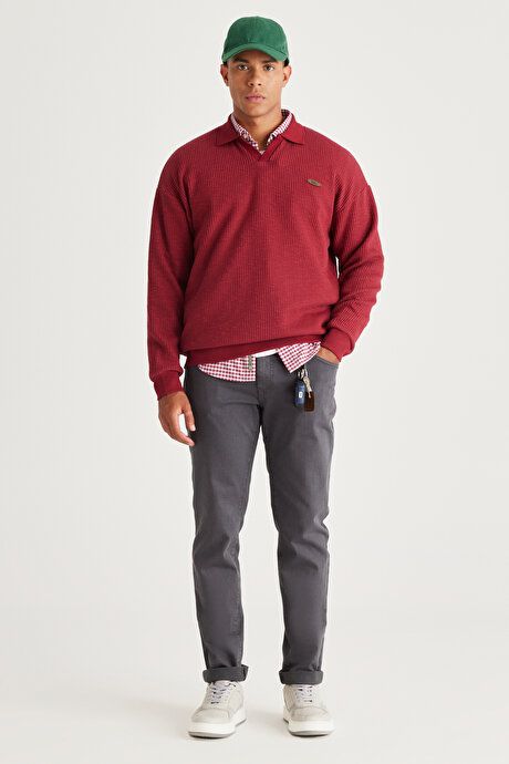 Loose Fit Polo Collar Jacquard Burgundy Sweatshirt ET5224100004BRD