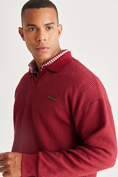 Loose Fit Polo Collar Jacquard Burgundy Sweatshirt ET5224100004BRD