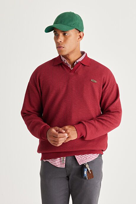 Loose Fit Polo Collar Jacquard Burgundy Sweatshirt ET5224100004BRD