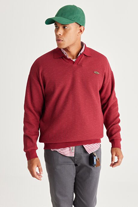 Loose Fit Polo Collar Jacquard Burgundy Sweatshirt ET5224100004BRD