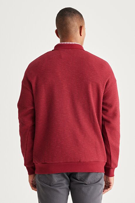 Loose Fit Polo Collar Jacquard Burgundy Sweatshirt ET5224100004BRD