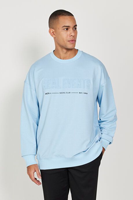 Oversized Loose Fit Crew Neck Cotton Blue Sweatshirt ET5224100006MAV