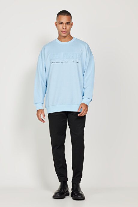 Oversized Loose Fit Crew Neck Cotton Blue Sweatshirt ET5224100006MAV