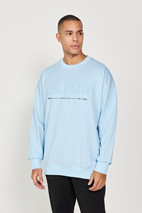 Oversized Loose Fit Crew Neck Cotton Blue Sweatshirt ET5224100006MAV