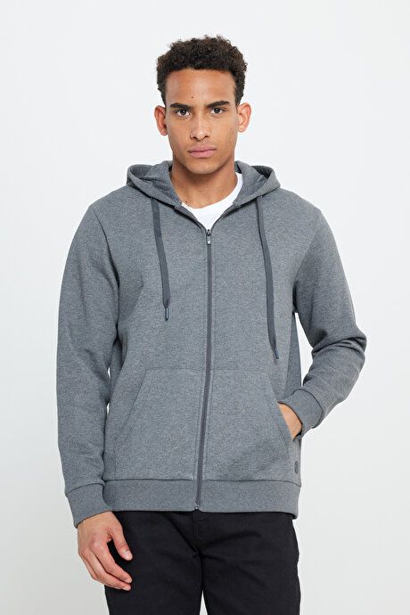 Standard Fit Regular Fit Inside Fleece 3 Yarn Hooded Zippered Anthracite-Melange Sweatshirt Jacket ET5224100013ANM