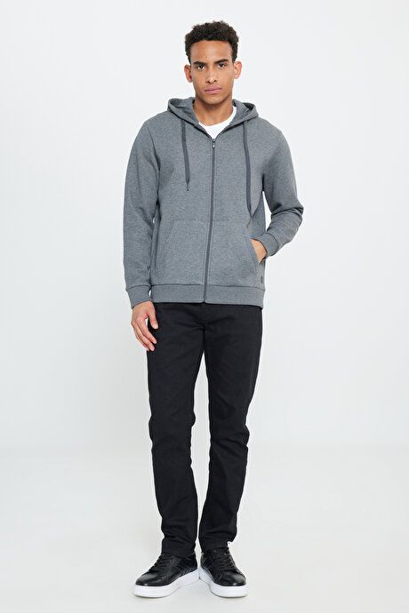 Standard Fit Regular Fit Inside Fleece 3 Yarn Hooded Zippered Anthracite-Melange Sweatshirt Jacket ET5224100013ANM