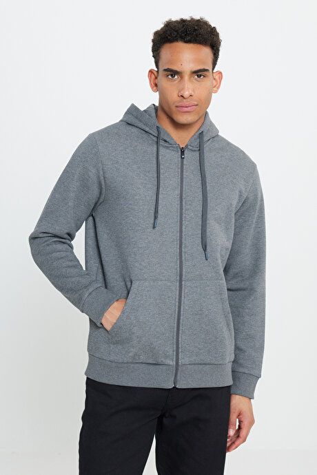 Standard Fit Regular Fit Inside Fleece 3 Yarn Hooded Zippered Anthracite-Melange Sweatshirt Jacket ET5224100013ANM