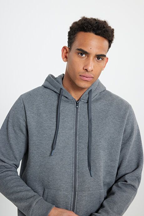 Standard Fit Regular Fit Inside Fleece 3 Yarn Hooded Zippered Anthracite-Melange Sweatshirt Jacket ET5224100013ANM