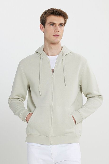 Standard Fit Regular Fit 3 Yarn Hooded Beige Sweatshirt Jacket with Fleece Inside and Zipper ET5224100013BEJ