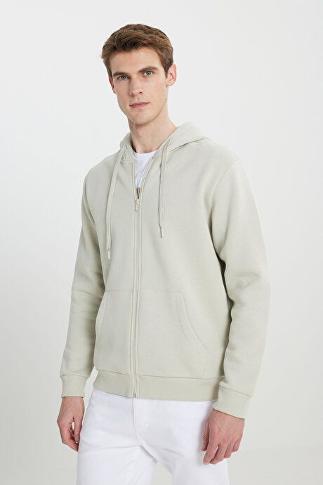 Standard Fit Regular Fit 3 Yarn Hooded Beige Sweatshirt Jacket with Fleece Inside and Zipper ET5224100013BEJ