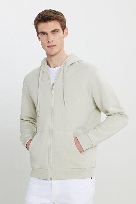 Standard Fit Regular Fit 3 Yarn Hooded Beige Sweatshirt Jacket with Fleece Inside and Zipper ET5224100013BEJ