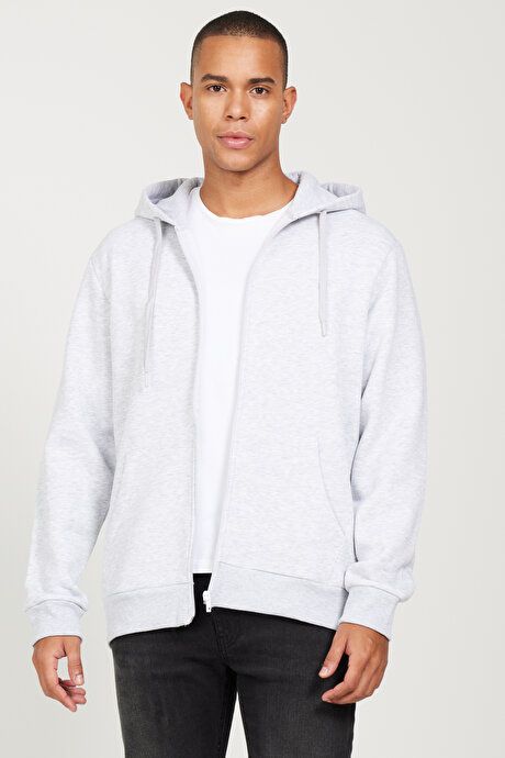 Standard Fit Regular Fit Inside Fleece 3 Yarn Hooded Zippered Snow Melange Sweatshirt Jacket ET5224100013KRJ