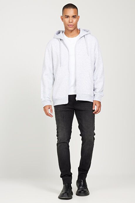 Standard Fit Regular Fit Inside Fleece 3 Yarn Hooded Zippered Snow Melange Sweatshirt Jacket ET5224100013KRJ