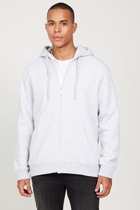 Standard Fit Regular Fit Inside Fleece 3 Yarn Hooded Zippered Snow Melange Sweatshirt Jacket ET5224100013KRJ