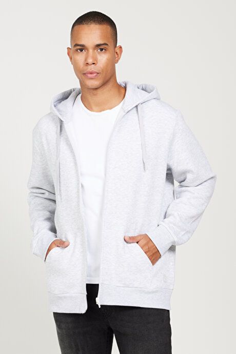 Standard Fit Regular Fit Inside Fleece 3 Yarn Hooded Zippered Snow Melange Sweatshirt Jacket ET5224100013KRJ