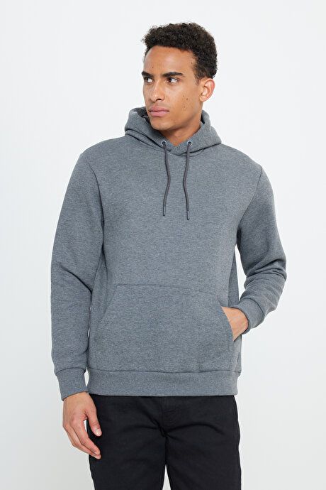 Standard Fit Regular Fit Inside Fleece 3 Yarn Hooded Kangaroo Pocket Cotton Anthracite-Melange Sweatshirt ET5224100014ANM