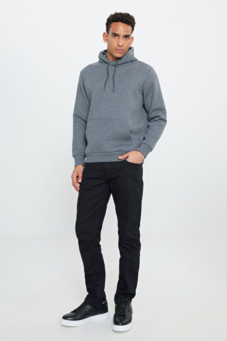 Standard Fit Regular Fit Inside Fleece 3 Yarn Hooded Kangaroo Pocket Cotton Anthracite-Melange Sweatshirt ET5224100014ANM