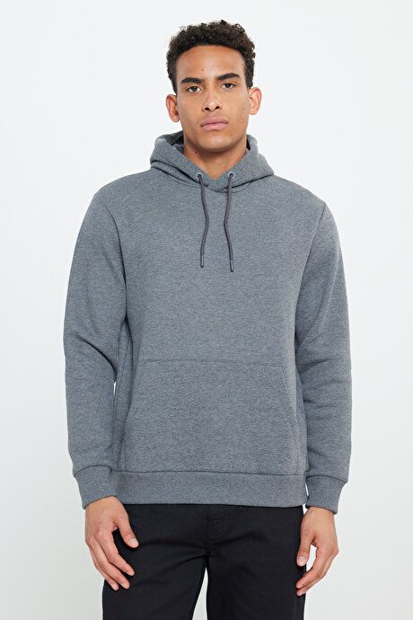 Standard Fit Regular Fit Inside Fleece 3 Yarn Hooded Kangaroo Pocket Cotton Anthracite-Melange Sweatshirt ET5224100014ANM