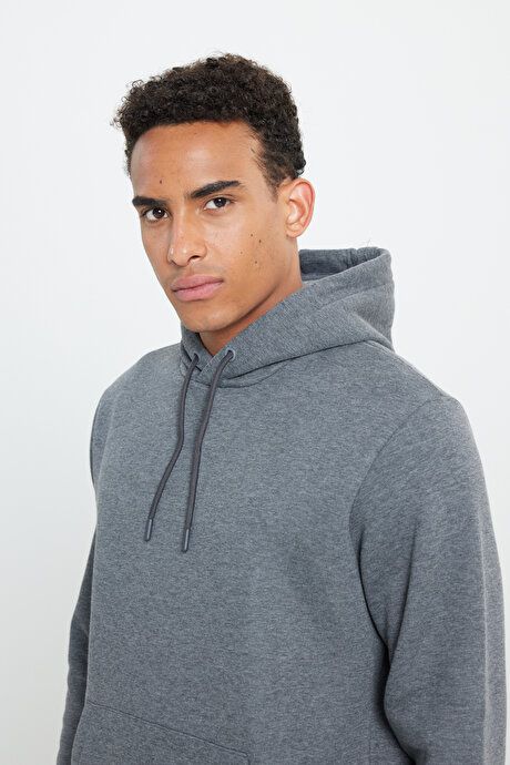 Standard Fit Regular Fit Inside Fleece 3 Yarn Hooded Kangaroo Pocket Cotton Anthracite-Melange Sweatshirt ET5224100014ANM