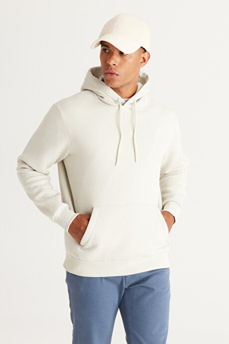 Standard Fit Regular Fit Fleece Inside 3 Yarn Hooded Kangaroo Pocket Cotton Beige Sweatshirt ET5224100014BEJ