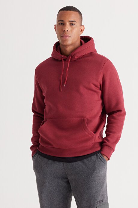 Standard Fit Regular Fit Inside Fleece 3 Yarn Hooded Kangaroo Pocket Cotton Burgundy Sweatshirt ET5224100014BRD