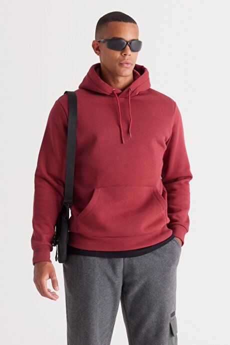 Standard Fit Regular Fit Inside Fleece 3 Yarn Hooded Kangaroo Pocket Cotton Burgundy Sweatshirt ET5224100014BRD