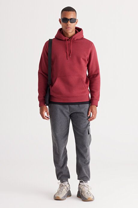 Standard Fit Regular Fit Inside Fleece 3 Yarn Hooded Kangaroo Pocket Cotton Burgundy Sweatshirt ET5224100014BRD