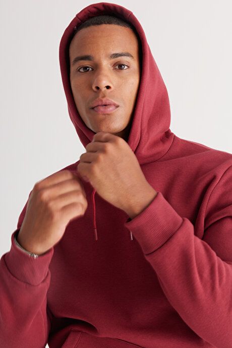 Standard Fit Regular Fit Inside Fleece 3 Yarn Hooded Kangaroo Pocket Cotton Burgundy Sweatshirt ET5224100014BRD