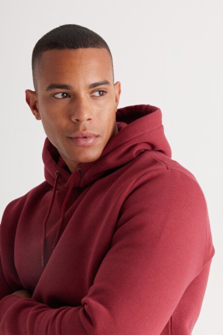 Standard Fit Regular Fit Inside Fleece 3 Yarn Hooded Kangaroo Pocket Cotton Burgundy Sweatshirt ET5224100014BRD