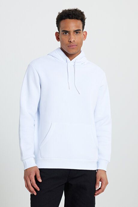 Standard Fit Regular Fit Fleece Inside 3 Yarn Hooded Kangaroo Pocket Cotton White Sweatshirt ET5224100014BYZ