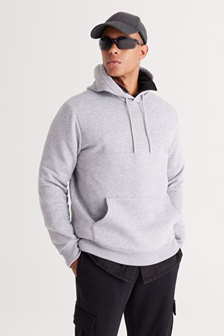 Standard Fit Regular Fit Fleece Inside 3 Yarn Hooded Kangaroo Pocket Cotton Gray Melange Sweatshirt ET5224100014GMJ