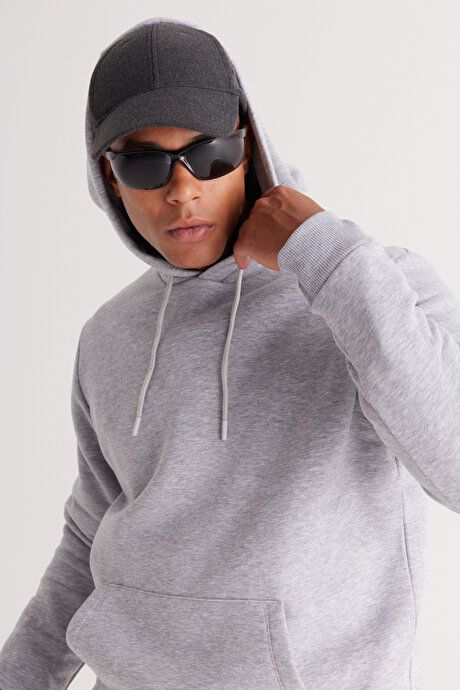 Standard Fit Regular Fit Fleece Inside 3 Yarn Hooded Kangaroo Pocket Cotton Gray Melange Sweatshirt ET5224100014GMJ