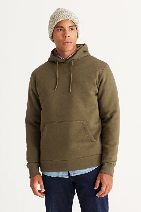 Standard Fit Regular Fit Fleece Inside 3 Yarn Hooded Kangaroo Pocket Cotton Khaki Sweatshirt ET5224100014HAK