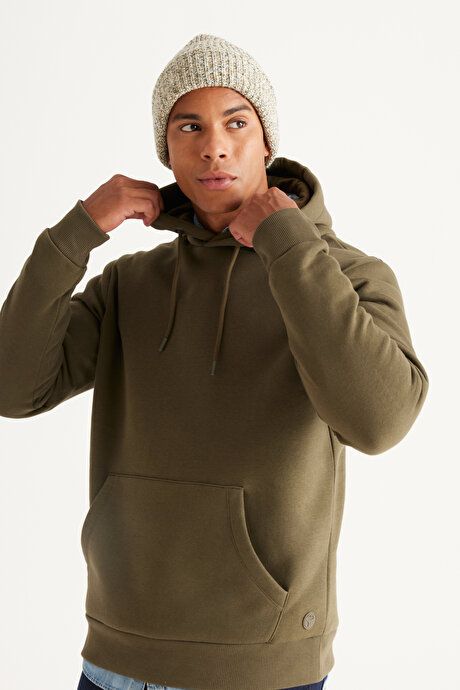 Standard Fit Regular Fit Fleece Inside 3 Yarn Hooded Kangaroo Pocket Cotton Khaki Sweatshirt ET5224100014HAK