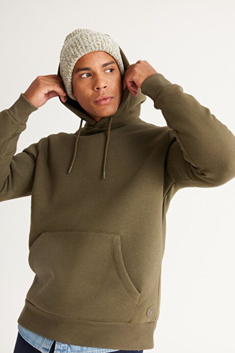 Standard Fit Regular Fit Fleece Inside 3 Yarn Hooded Kangaroo Pocket Cotton Khaki Sweatshirt ET5224100014HAK