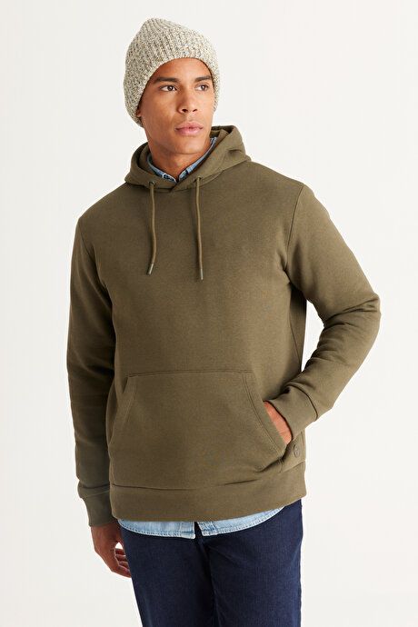 Standard Fit Regular Fit Fleece Inside 3 Yarn Hooded Kangaroo Pocket Cotton Khaki Sweatshirt ET5224100014HAK