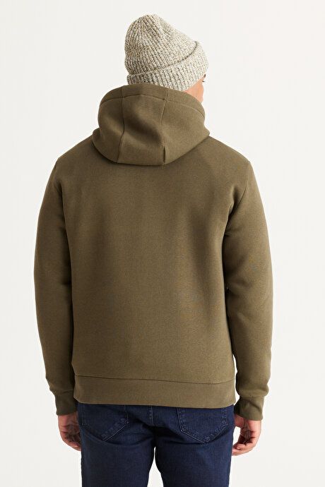 Standard Fit Regular Fit Fleece Inside 3 Yarn Hooded Kangaroo Pocket Cotton Khaki Sweatshirt ET5224100014HAK