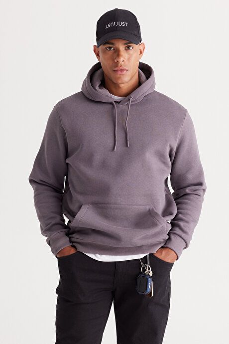 Standard Fit Regular Fit Fleece Inside 3 Yarn Hooded Kangaroo Pocket Cotton Dark Gray Sweatshirt ET5224100014KGR