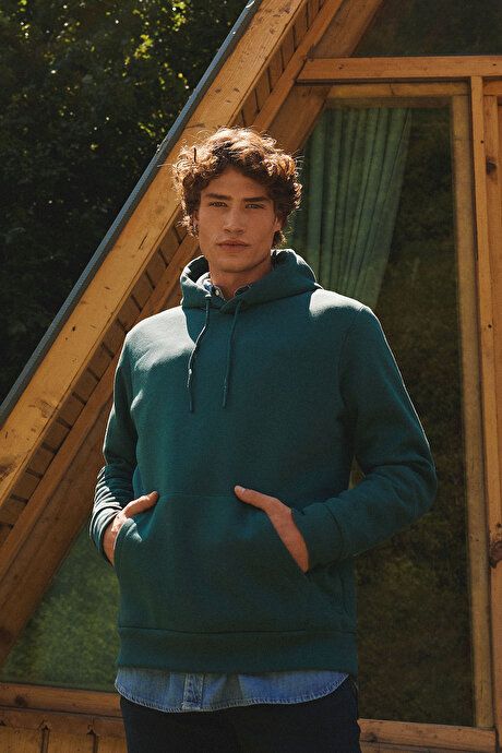 Standard Fit Regular Fit Fleece Inside 3 Yarn Hooded Kangaroo Pocket Cotton Dark Green Sweatshirt ET5224100014KYS