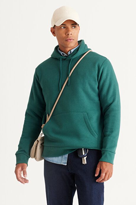 Standard Fit Regular Fit Fleece Inside 3 Yarn Hooded Kangaroo Pocket Cotton Dark Green Sweatshirt ET5224100014KYS