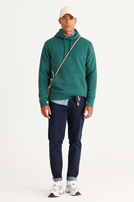 Standard Fit Regular Fit Fleece Inside 3 Yarn Hooded Kangaroo Pocket Cotton Dark Green Sweatshirt ET5224100014KYS