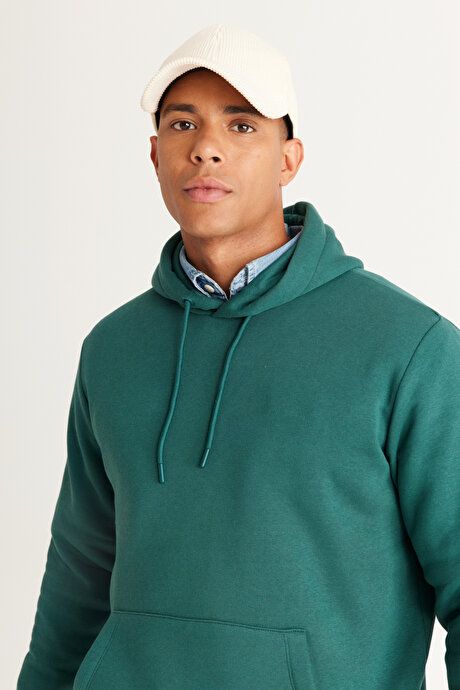 Standard Fit Regular Fit Fleece Inside 3 Yarn Hooded Kangaroo Pocket Cotton Dark Green Sweatshirt ET5224100014KYS